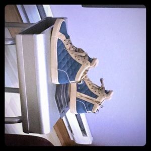 Balmain denim and suede high top sneakers.